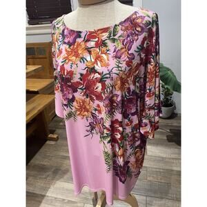 JM Collection Top Womens XL Pink Blue Scoop Neck Floral Print Oversized Tunic